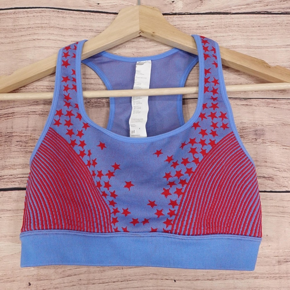 Fabletics Sports Bra Womens Medium Blue Red Stars Stripes Athletic Racerback